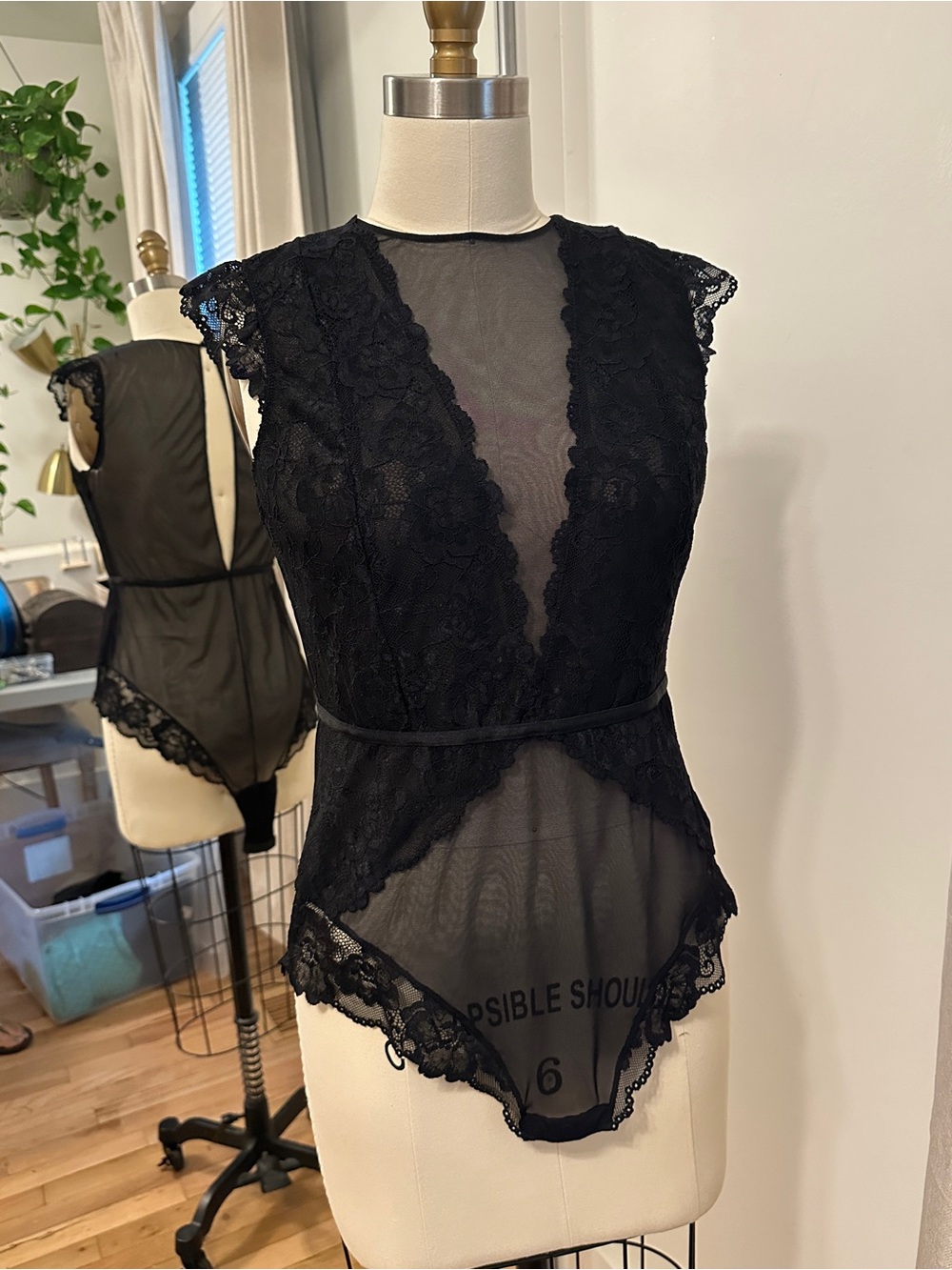 Sheer Lace Plunge Bodysuit in Black